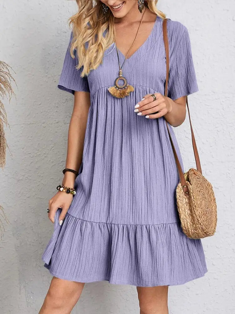 Elegante solido scollo A V A Line Dress 2024 nuova estate Ruffles allentato Mini abito Casual manica corta Beach Party Vestidos Streetwear
