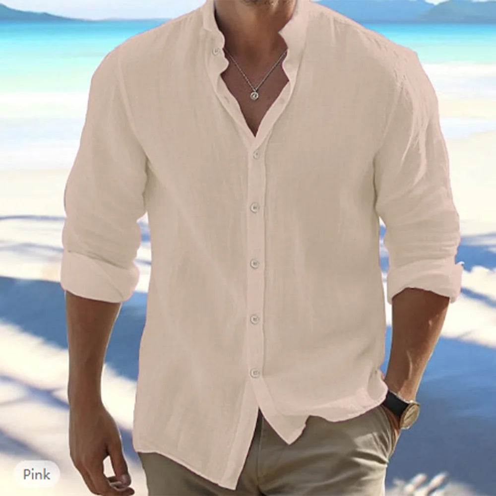 Camicie a maniche lunghe da uomo in lino di cotone vendita calda tinta unita estiva colletto rialzato stile spiaggia casual taglie forti