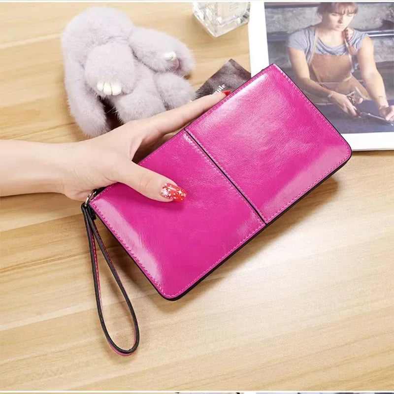 Borsa da donna vintage in pelle cerata a olio con cerniera, borsa da banca, portafoglio zero di grande capacità, cinturino da polso, porta carte con nome semplice