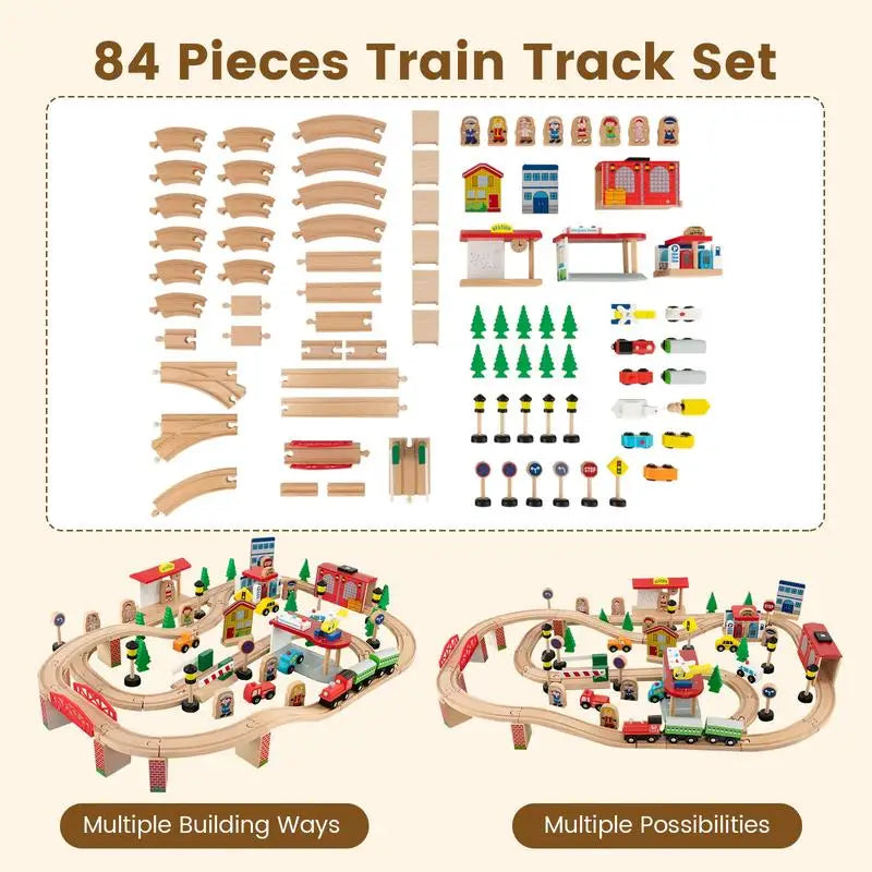 Set Trenino in Legno da 84 Pezzi con Tavolo Reversibile e Rimovibile