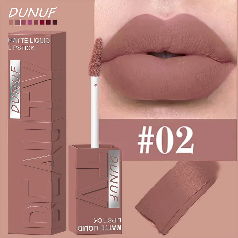 DUNUF 8 colori velluto opaco liscio facile da applicare lucidalabbra a tubo quadrato rossetto idraulico tridimensionale impermeabile