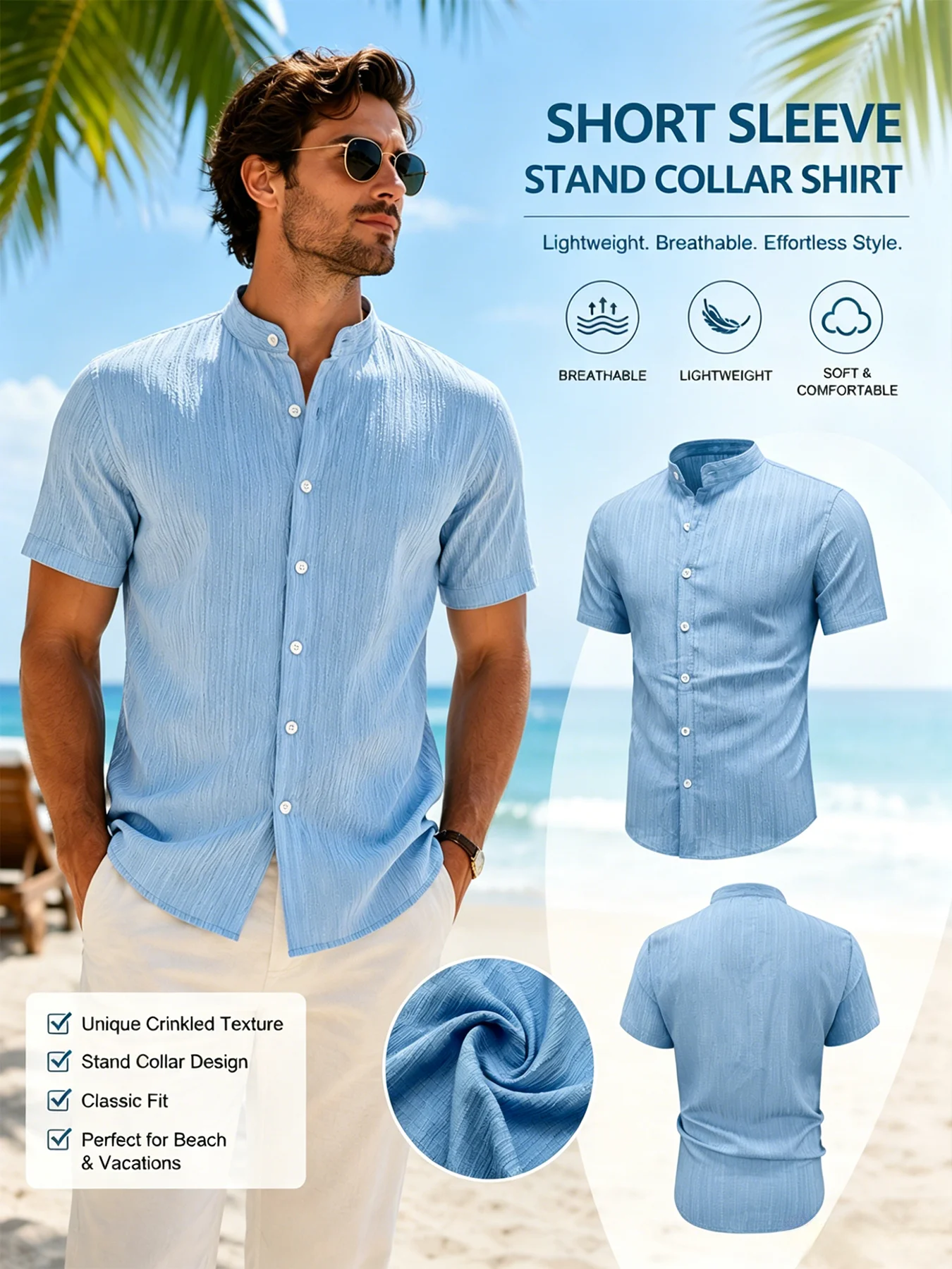 Camicia da uomo a maniche corte con colletto alla coreana – Camicia testurizzata slim fit con bottoni, camicia traspirante casual estiva da spiaggia per uomo