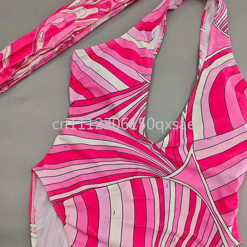 Costumi da bagno da donna rosa con foulard e logo a lettere, set bikini con foulard e fascia per capelli, abbigliamento da spiaggia