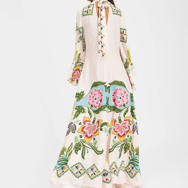 Elegante Abito Lungo a Maniche Lunghe per Feste, Vestito Vintage con Stampa Floreale, Abito Bohémien da Donna con Collo Alto e Vita Alta