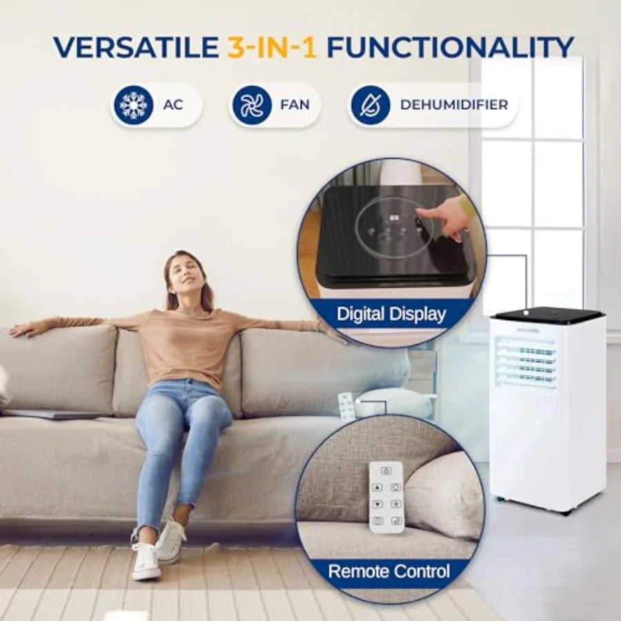 Condizionatore d'aria portatile per uso in camera da letto, scocca in plastica ABS, colore bianco, raffreddamento da 8000 BTU con funzionalità 3-in-1 e basso consumo energetico.