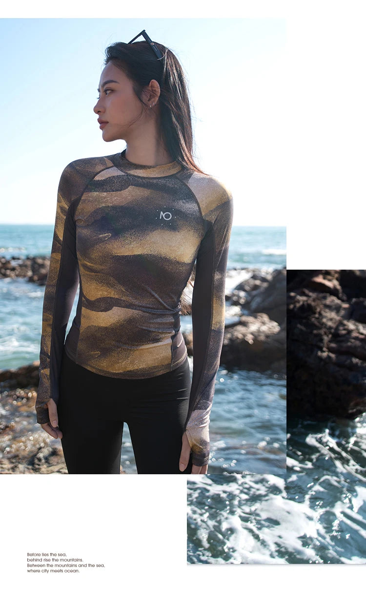 Nuovo Set Rashguard da Donna Nu-June a Maniche Lunghe ad Asciugatura Rapida con Protezione UV, Top da Nuoto con Pantaloncini, Costume da Spiaggia, Surf e Immersione