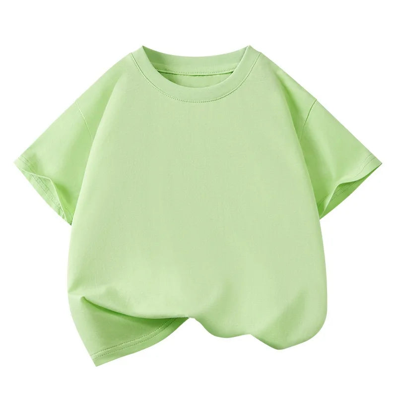 T-shirt sportiva casual a maniche corte in puro cotone per bambini, tinta unita, girocollo, estiva, traspirante, morbida, per bambini