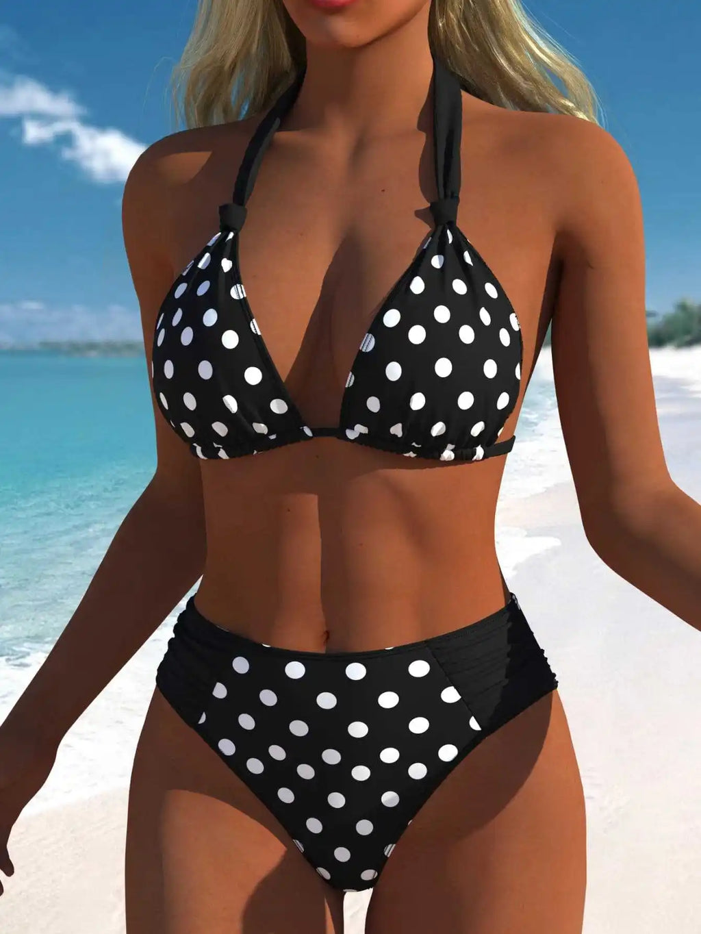 Costume da bagno bikini vintage nero a pois 2026 da donna con reggiseno push-up con laccetti e vita alta, modello cut-out