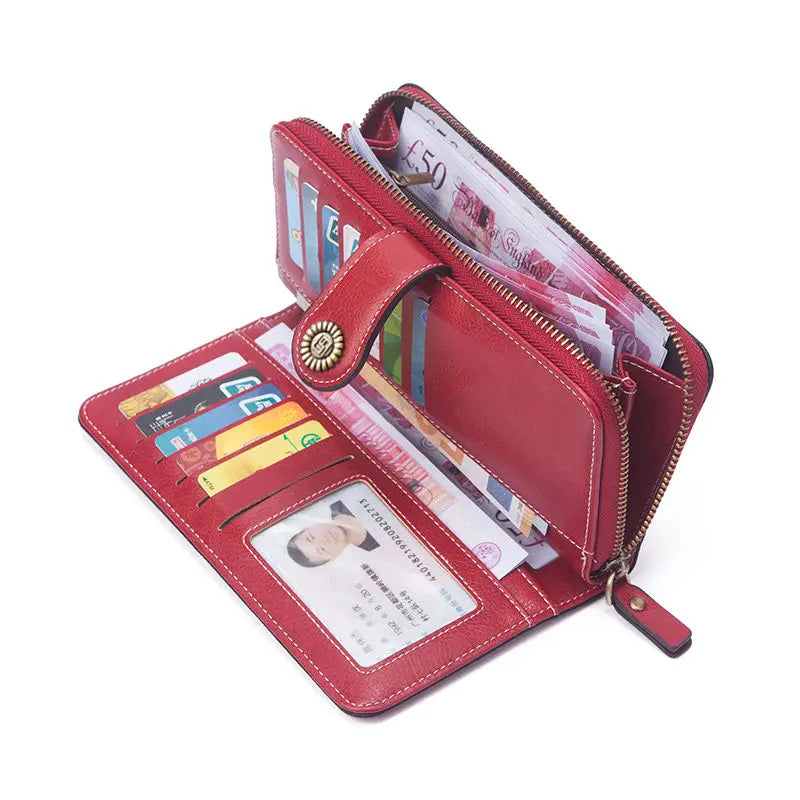 Borsa a mano in pelle cerata con blocco RFID, porta carte di credito multifunzionale a doppia piega, portafoglio da donna lungo retrò di grande capacità
