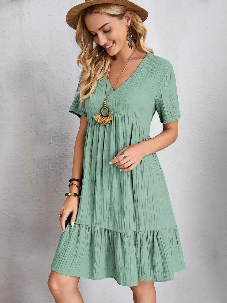 Elegante solido scollo A V A Line Dress 2024 nuova estate Ruffles allentato Mini abito Casual manica corta Beach Party Vestidos Streetwear