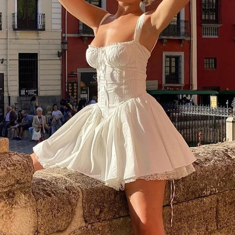 Mini Abito Estivo da Donna Elegante in Pizzo Floreale con Corsetto, Vestito Casual Corto Bianco Giallo Rosso Blu