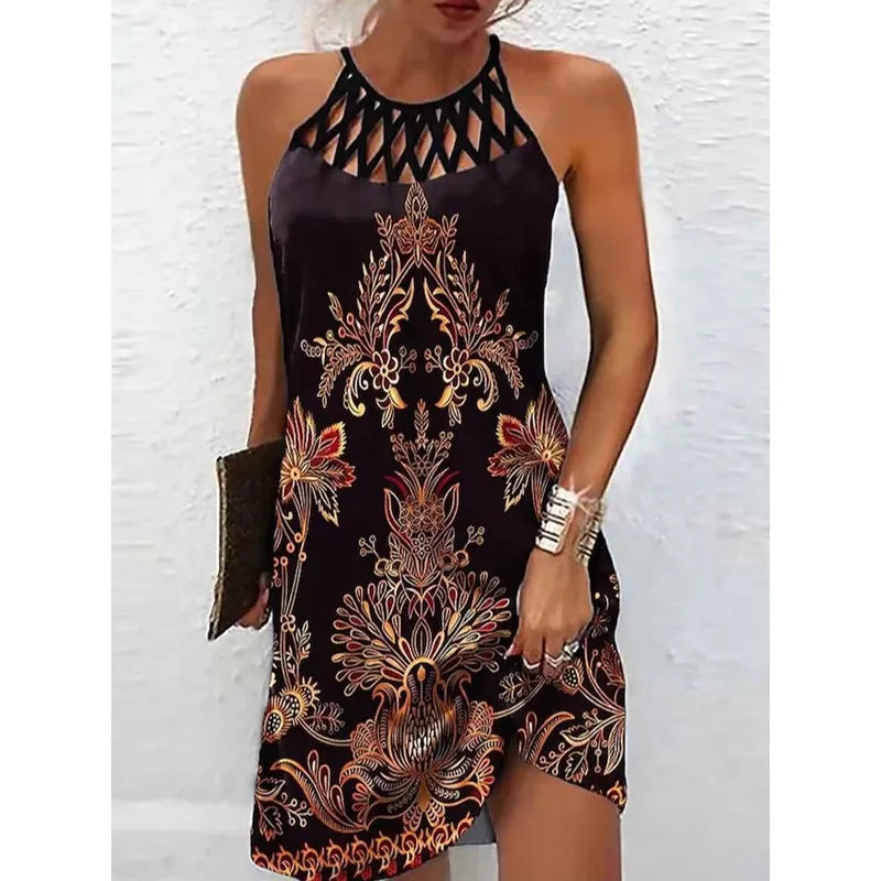 Abito Boho sexy per donna Mini abito da spiaggia Abito alla moda Donna Estate senza maniche Hollow Elegante abito da festa Stampa Vestido 2023
