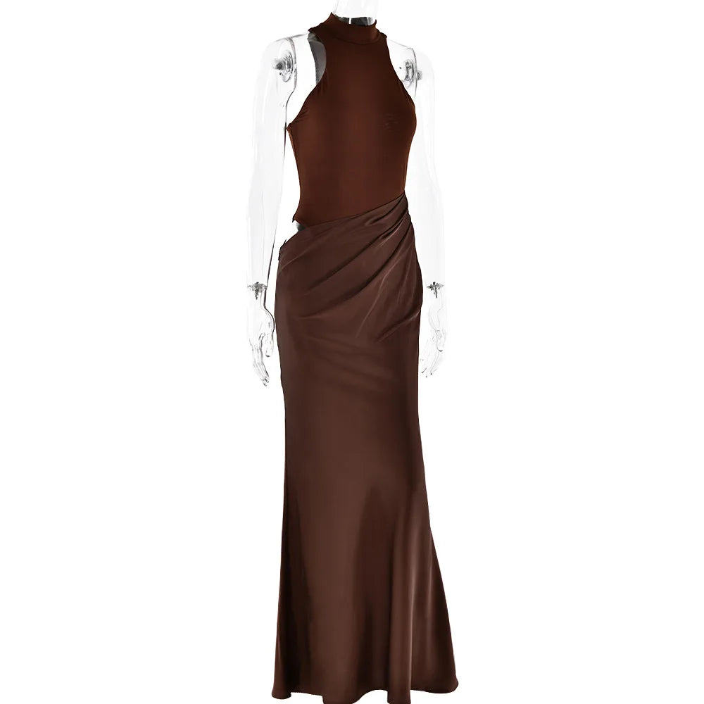 JULISSA MO Abito lungo da donna sexy scollato in raso Abito lungo nero senza maniche a vita alta Donna Autunno Skinny Elegante Party Clubwear