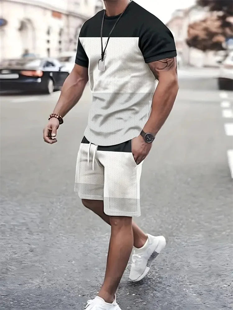 Boutique uomo estate Casual sport manica corta vestito semplice Splicing stampato girocollo T Shirt coulisse tasca pantaloncini vestito