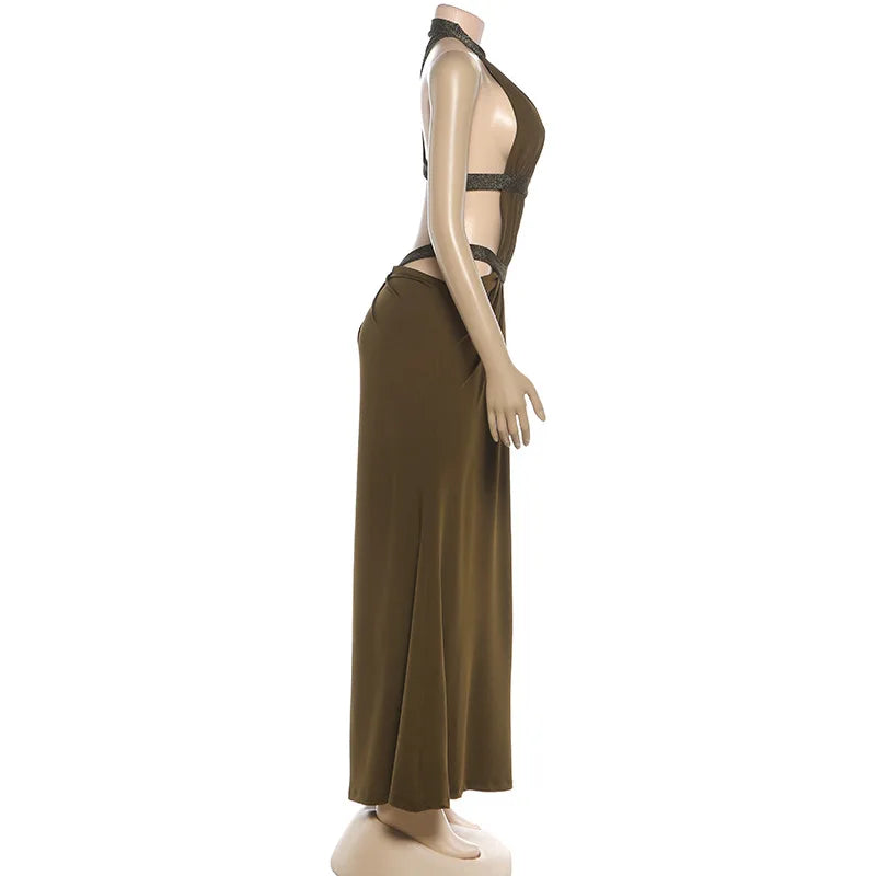 Abito lungo da donna sexy Halter scava fuori senza schienale senza maniche increspato abiti lunghi da sera Party Chic Robe verde viola estivo