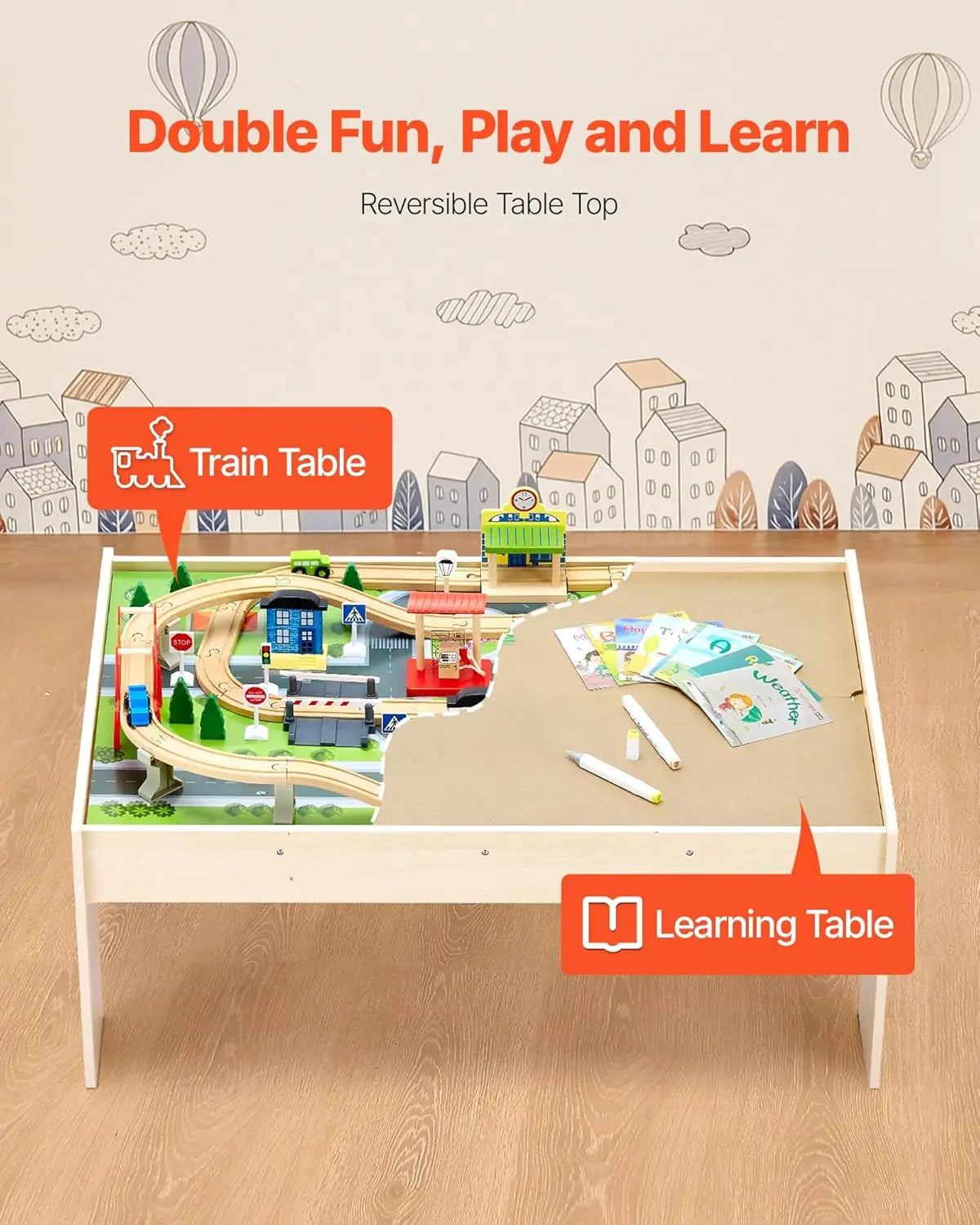 Tavolo da treno, tavolo da attività per bambini in legno da 84 pezzi multicolori con contenitore portaoggetti pieghevole, set di treni in legno 3 in 1 per giochi, D