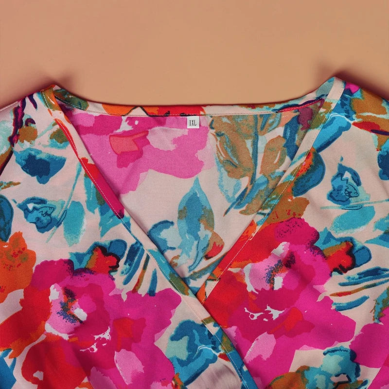 Abito Lungo Estivo Casual da Donna alla Moda, Elegante Vestito Maxi con Scollo a O, Stampa Floreale da Spiaggia, Manica Corta, Taglie Forti