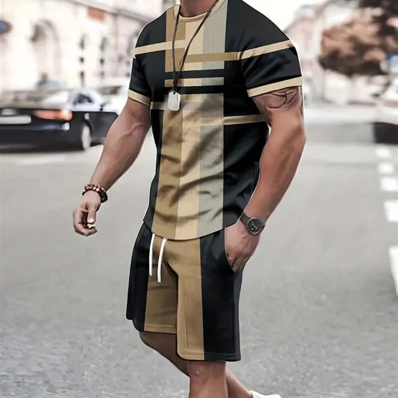 2025 Moda Uomo Abbigliamento sportivo Manica corta Set T-shirt e pantaloncini sportivi Estate Casual Vintage Patchwork Abito da uomo in 2 pezzi
