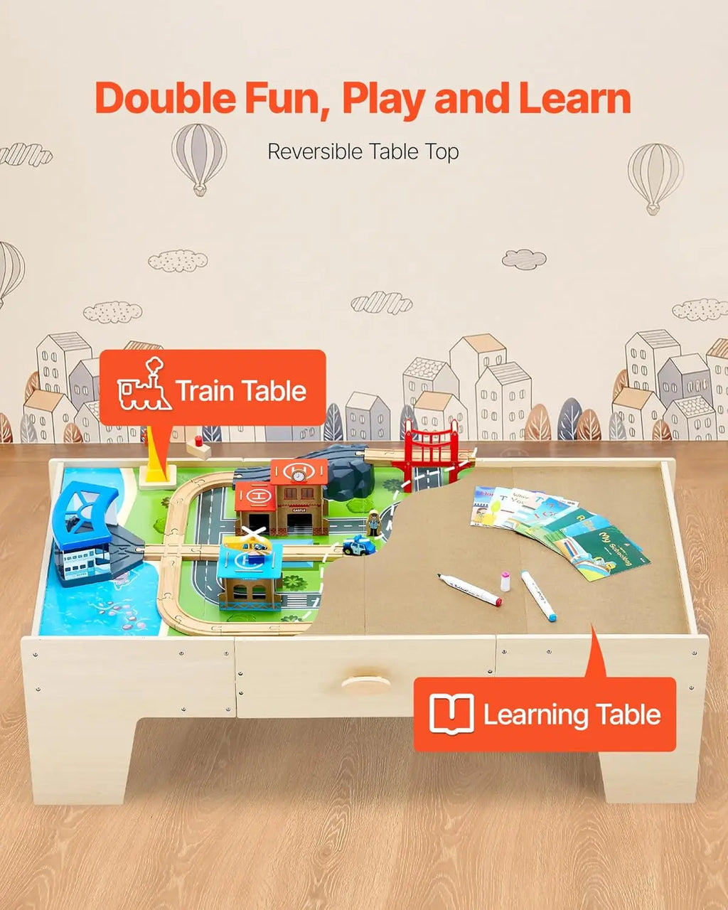 Tavolo da treno, tavolo da attività per bambini in legno da 62 pezzi multicolori con ampio cassetto portaoggetti, set di treni in legno 3 in 1 per giocare, Dra
