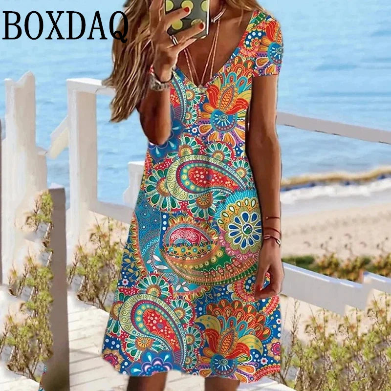 Abito Vintage con stampa etnica per donna 2024 scollo a v manica corta abiti larghi taglie forti abito floreale Casual moda prendisole