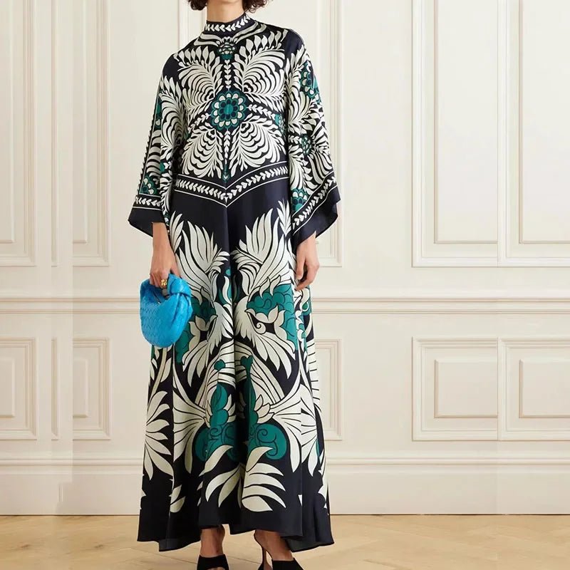 Elegante Abito Lungo a Maniche Lunghe per Feste, Vestito Vintage con Stampa Floreale, Abito Bohémien da Donna con Collo Alto e Vita Alta