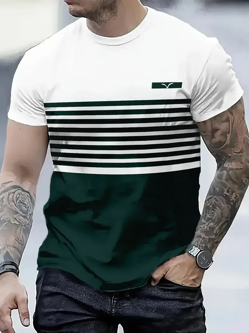 T-shirt classica estiva da uomo: top da esterno a maniche corte con scollo tondo e stampa a righe, maglietta da uomo da strada ampia con aggiunta