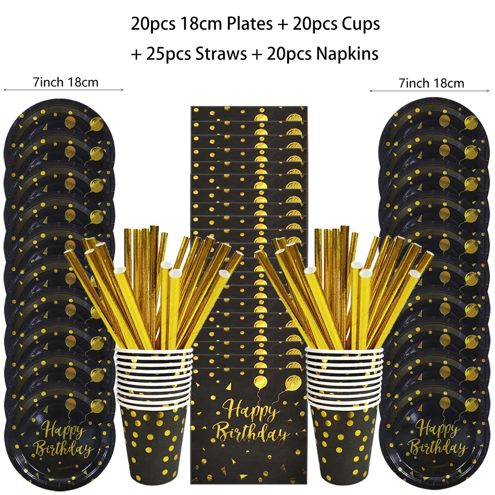 Set di stoviglie usa e getta per compleanno in oro nero, piatti di carta, tazze, tovaglioli, tovaglie, decorazione per feste di buon compleanno per adulti, matrimonio
