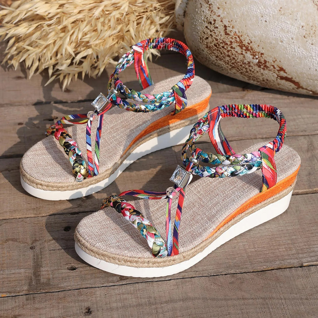 Sandali alla moda da donna con zeppa intrecciata e stampa colorata, comodi e traspiranti, scarpe da spiaggia per le vacanze da donna