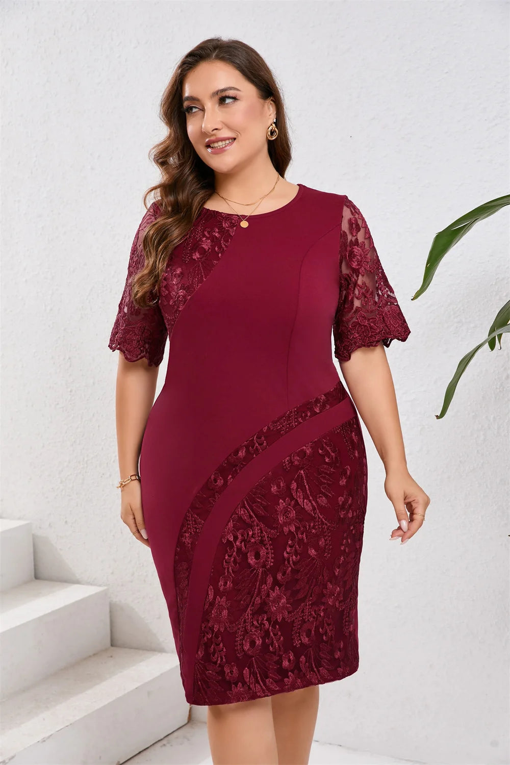 GIBSIE Plus Size Pizzo ricamato Mezza manica O-Collo Abito da donna Estate Autunno Cocktail Party Elegante aderente Abiti longuette