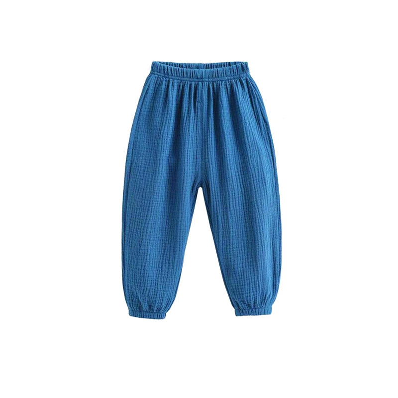 Pantaloni estivi per bambini coreani Pantaloni casual per ragazze Ragazzi in cotone e lino Tinta unita Pantaloni larghi a pieghe Pantaloni Harem a vita alta per ragazze