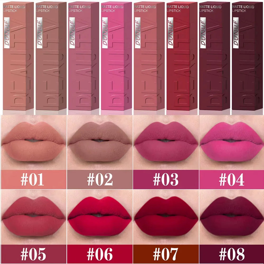 DUNUF Matte Velvet Lip Gloss, rimpolpanti 3D e impermeabili, rossetto a tubo quadrato, facile applicazione, 8 tonalità (tutto in uno)