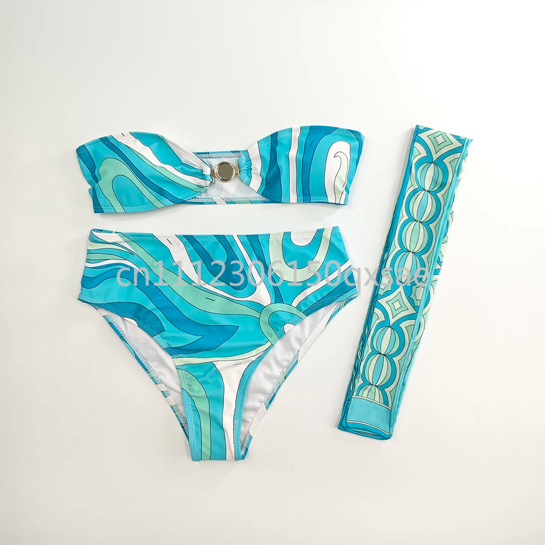Costumi da bagno da donna rosa con foulard e logo a lettere, set bikini con foulard e fascia per capelli, abbigliamento da spiaggia