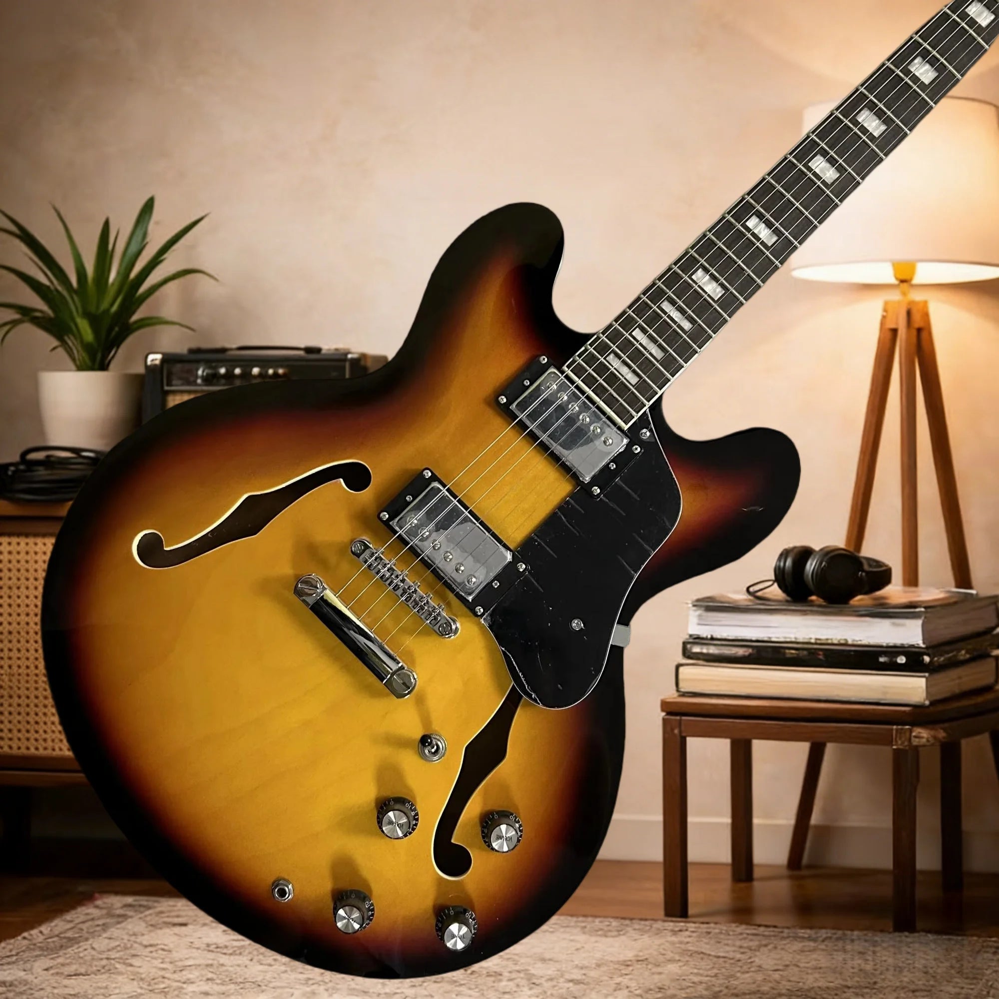 Chitarra Elettrica Sunset 335 con Manico in Palissandro e Corpo in Acero, Design Semi-Hollow per Canto e Accompagnamento Domestico, Spedizione Gratuita