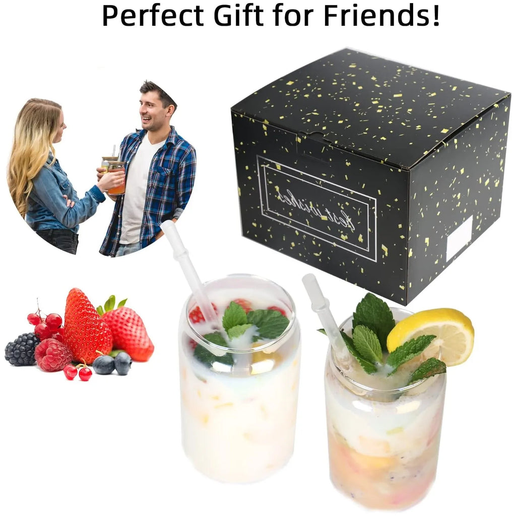 Bicchieri arcobaleno con coperchi in bambù e cannuccia in vetro,(set di 2 /set di 4)-16Oz, vino, Cocktail, whisky, feste, birra, caffè, regalo