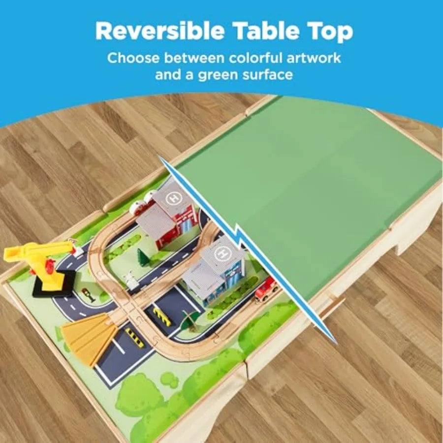 Grande Tavolo da Gioco Multifunzione in Legno da 50 Pollici con 70 Pezzi per Trenini, con Binari e Piano Reversibile, Colore Naturale