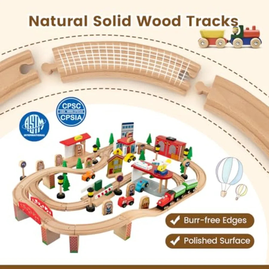 Tavolo da Treno, Set Treno in Legno 3-in-1 con 84 Pezzi di Pista Reversibile, Cassetto Portaoggetti per Costruire e Giocare