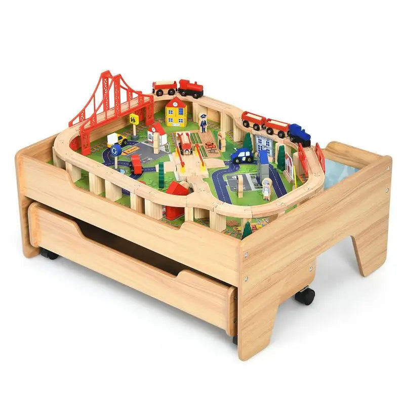 Tavolo con set trenino in legno per bambini con 100 pezzi multicolori e ruote bloccabili