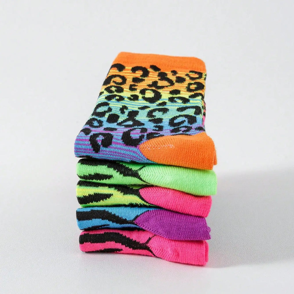 5 Pairs UNISEX Leopard Print Personalized Fashion Breathable Thin Funny Sweat-absorbing Spring Simple Socks For Girls Wholesale