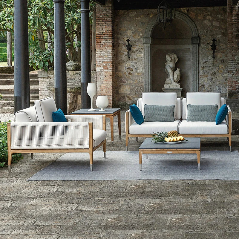 Divano per il tempo libero nel patio esterno Set di divani in legno da giardino in rattan e teak a prova di acqua