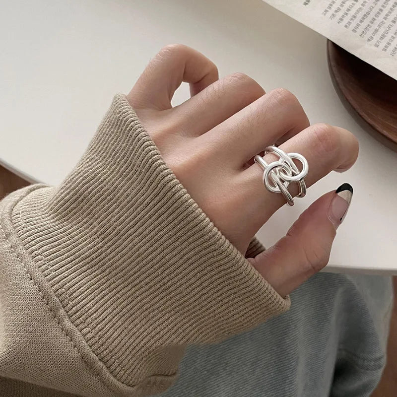PANJBJ 925 anelli in pietra nera geometrica in argento sterling per le donne ragazza coreana semplice regolabile coppia gioielli Dropshipping