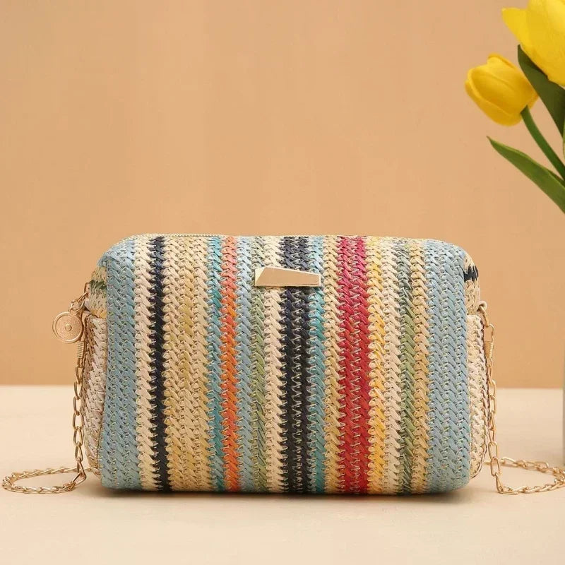 Borsa di paglia da donna in maglia di Rattan borsa da spiaggia con catena estiva piccola borsa e borsa a tracolla da donna borsa a tracolla con Design da viaggio