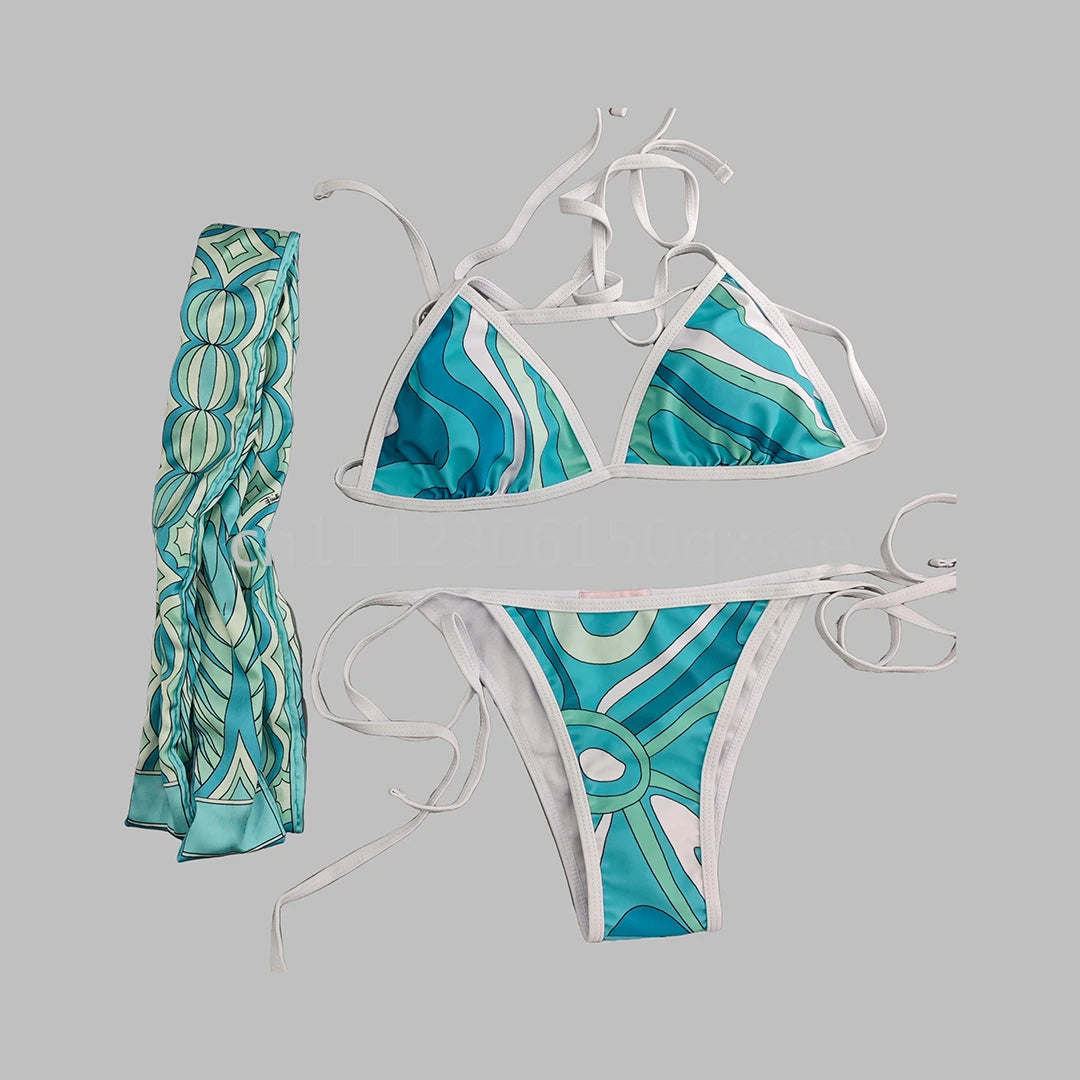 Costumi da bagno da donna rosa con foulard e logo a lettere, set bikini con foulard e fascia per capelli, abbigliamento da spiaggia