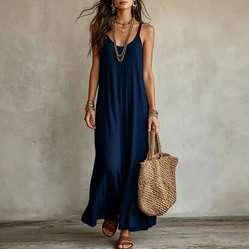 Nuovo Arrivo: Abito Lungo Senza Spalline da Donna, Vestito Casual con Collo a O Senza Maniche, Abito Ampio da Spiaggia e Vacanza, Vestito Lungo Boho