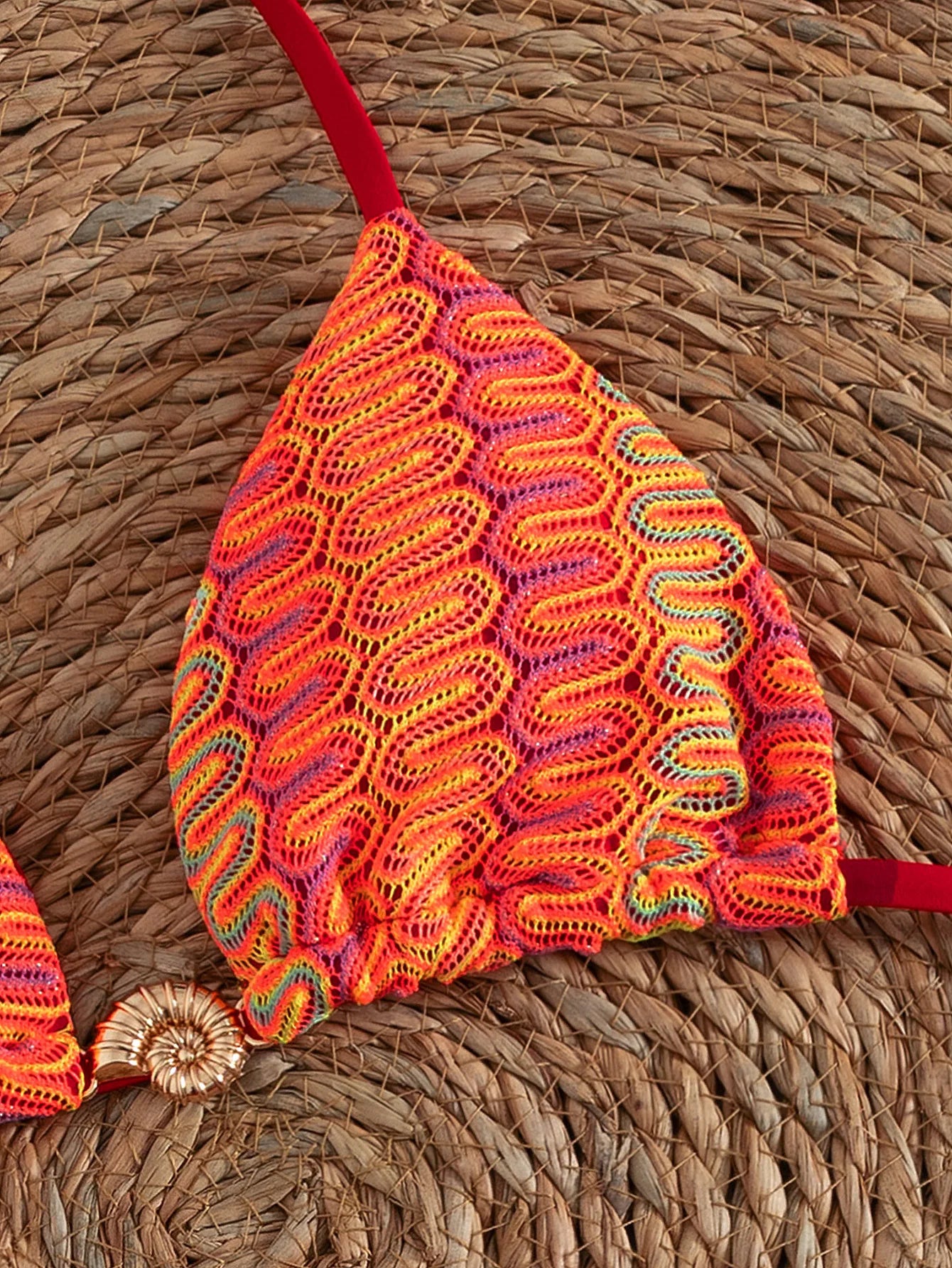 Set Bikini Rosso da Donna con Top Triangolare e Dettaglio Anello in Metallo, Slip con Laccetti Laterali, Costume da Bagno Due Pezzi