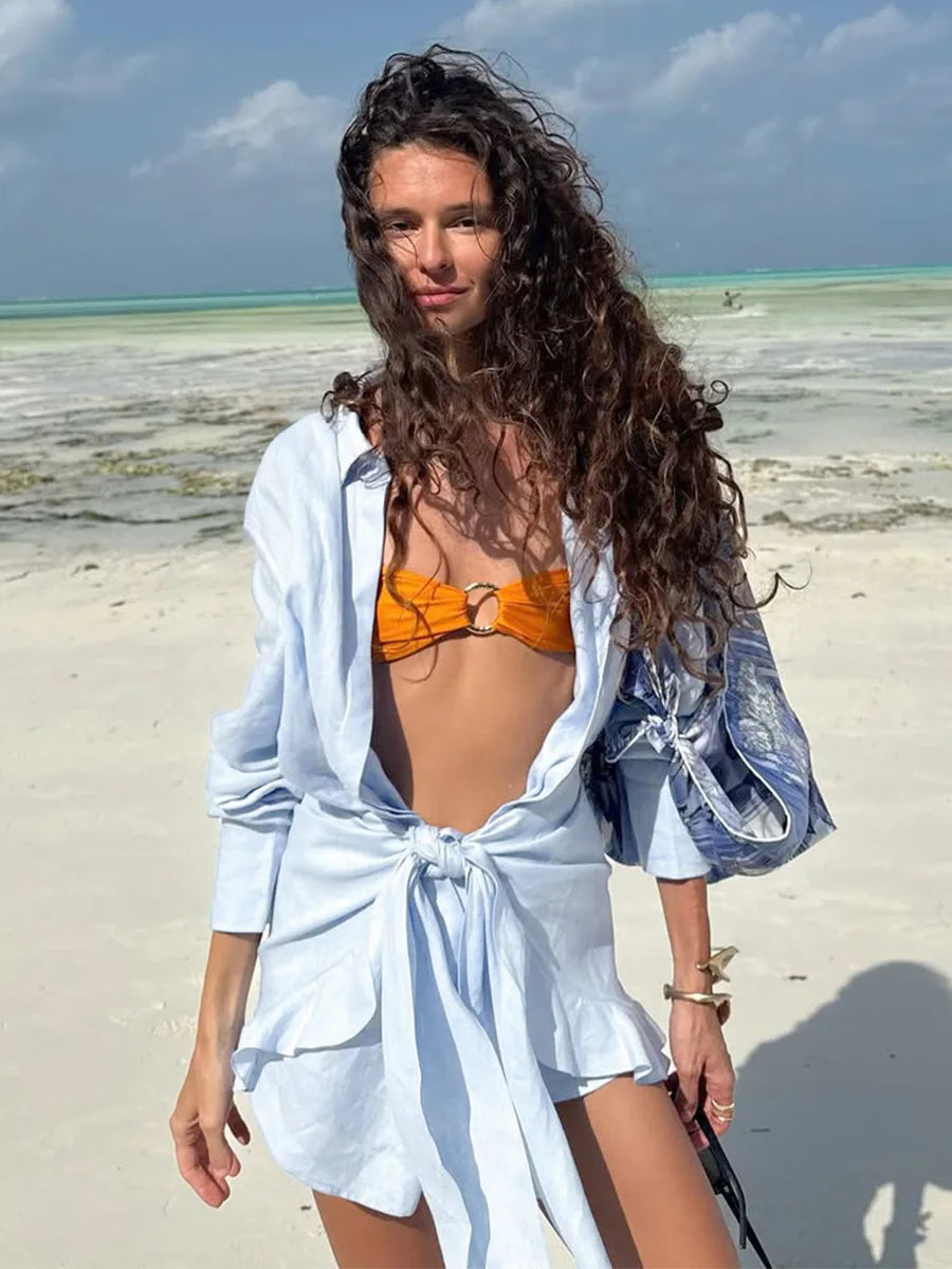 Abito chemisier casual da donna tinta unita con lacci, estivo, con risvolto, maniche lunghe, bottoni, mini abito plissettato, copricostume da spiaggia, outfit per vacanze 2026