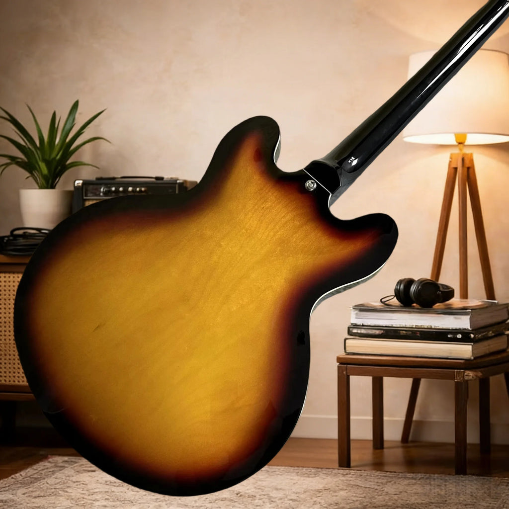 Chitarra Elettrica Sunset 335 con Manico in Palissandro e Corpo in Acero, Design Semi-Hollow per Canto e Accompagnamento Domestico, Spedizione Gratuita
