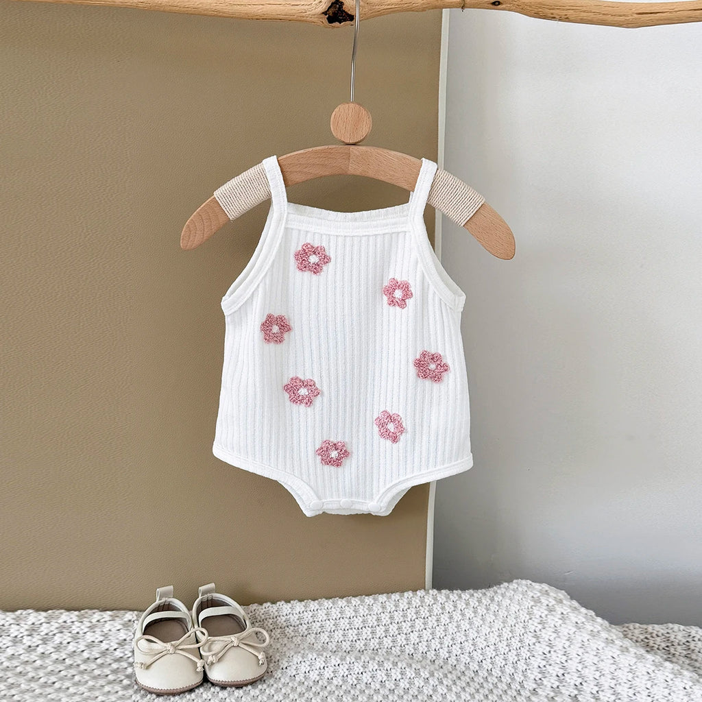 Tutina estiva per bambini con fiori rosa, traspirante, comoda, con bretelle, abbigliamento casual da spiaggia, adatto per 0-3 anni