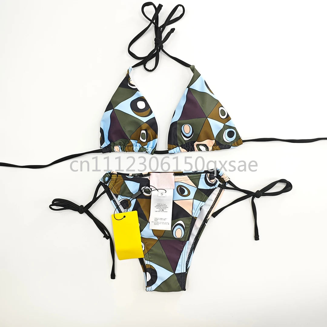 Costumi da bagno da donna rosa con foulard e logo a lettere, set bikini con foulard e fascia per capelli, abbigliamento da spiaggia