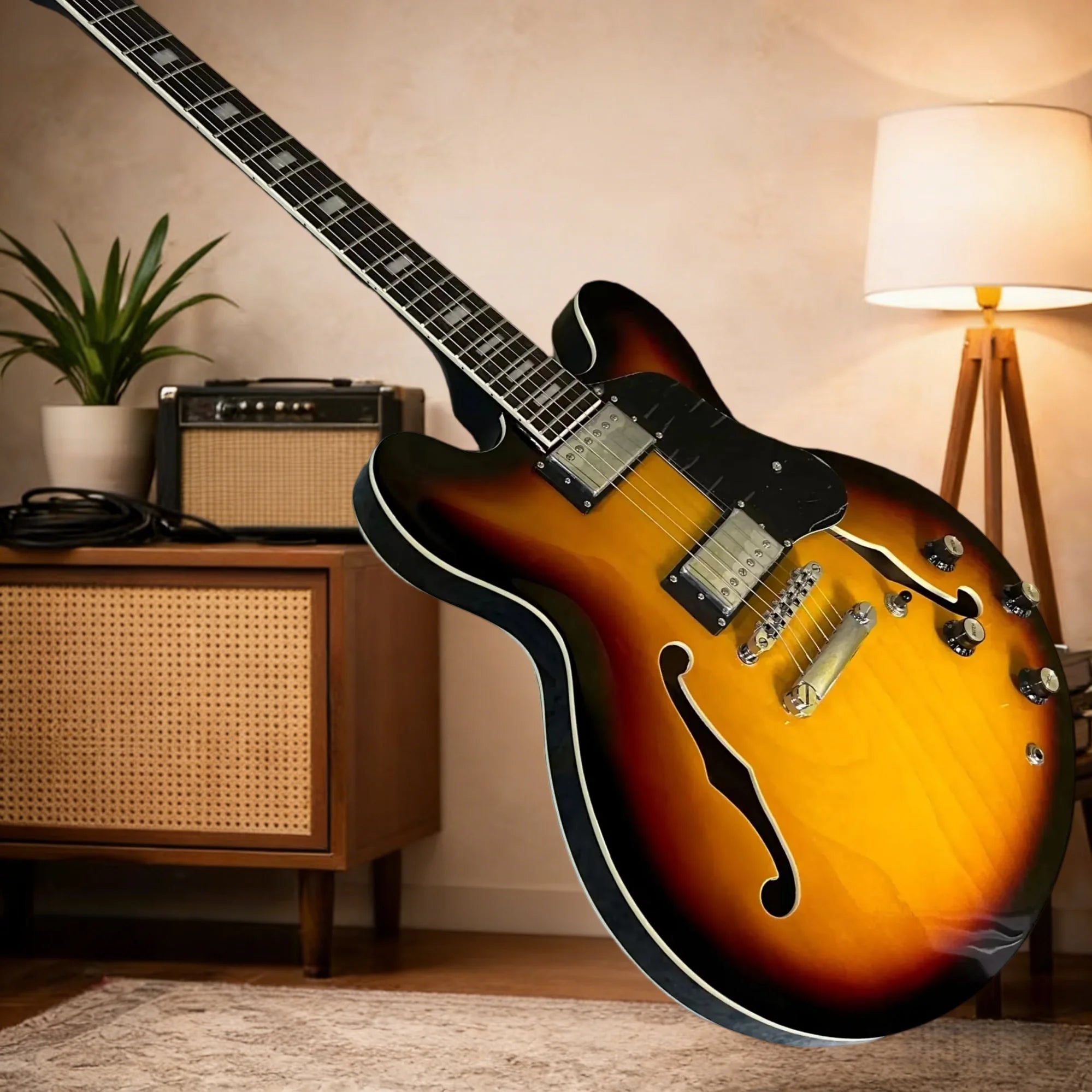 Chitarra Elettrica Sunset 335 con Manico in Palissandro e Corpo in Acero, Design Semi-Hollow per Canto e Accompagnamento Domestico, Spedizione Gratuita