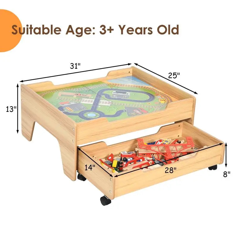 Tavolo con set trenino in legno per bambini con 100 pezzi multicolori e ruote bloccabili